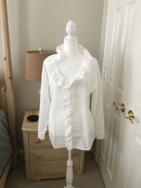 Women's White Ruffle-Front Button Down Blouse